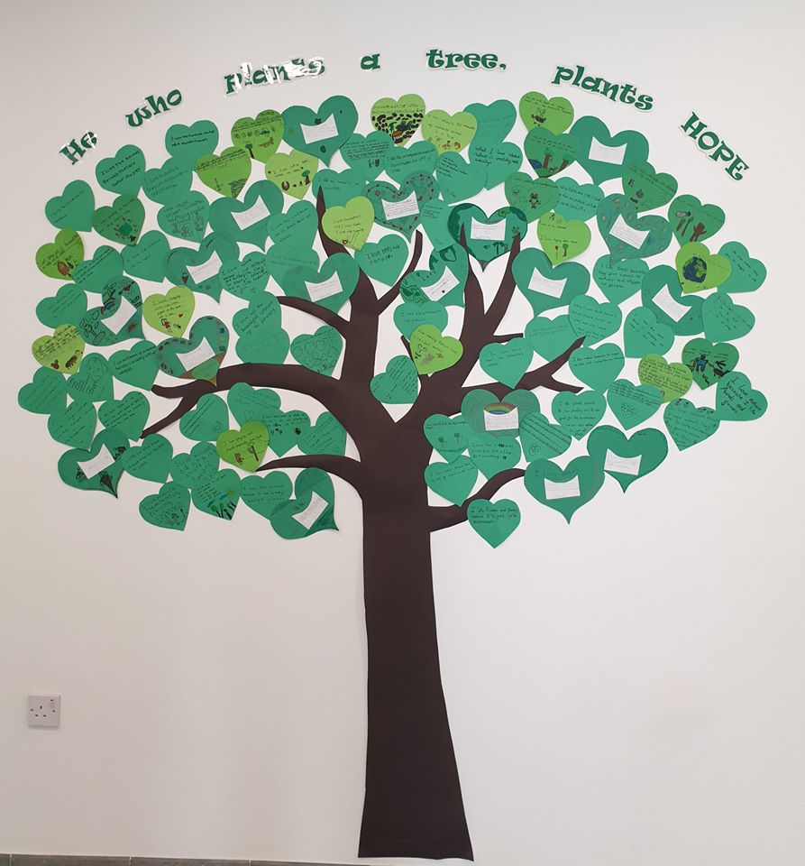 Picture of a tree filled with green hearts as leaves with the words above 