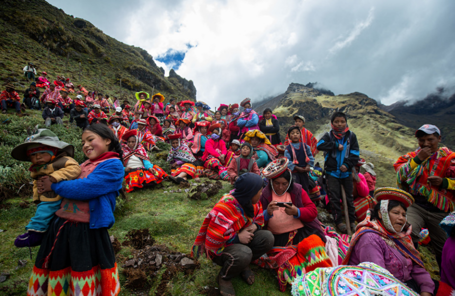 Local community gathered before walking into the mountains to plant trees in Peru